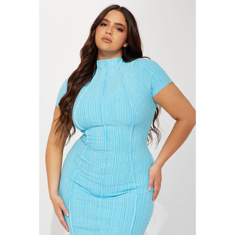 OEM High Quality Manufacturer Short Sleeve Mock Neck Ribbed Women Knitted Causal Dress