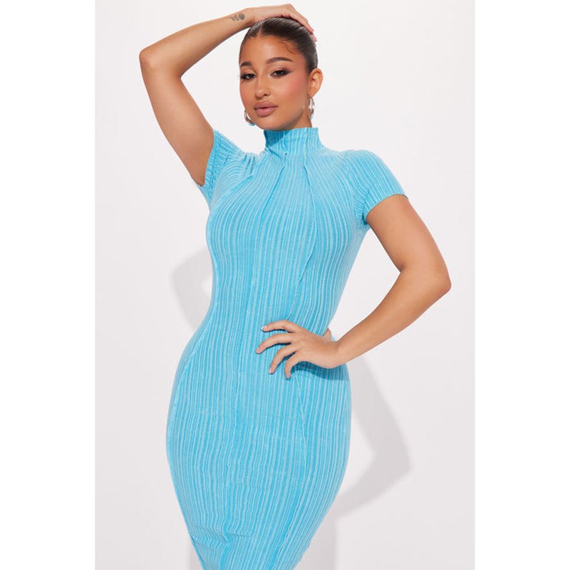 OEM High Quality Manufacturer Short Sleeve Mock Neck Ribbed Women Knitted Causal Dress