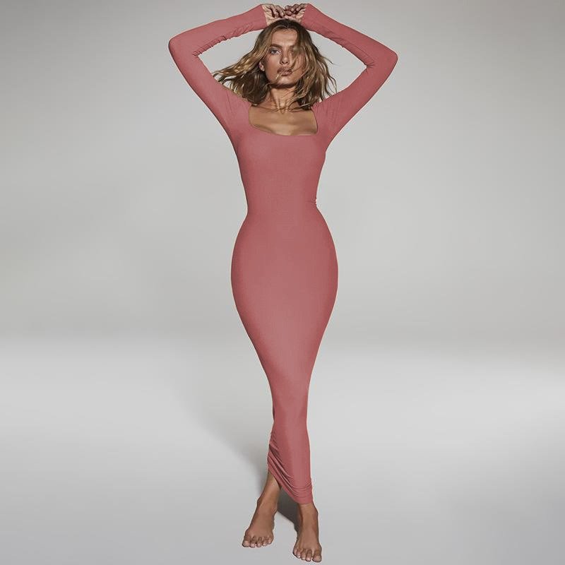 ZCsd2407118 Fall Women Clothing Wholesale Party Maxi Bodycon Ribbed Knitted Lounge Wear Dupe Long Sleeve Dress Premium Backless