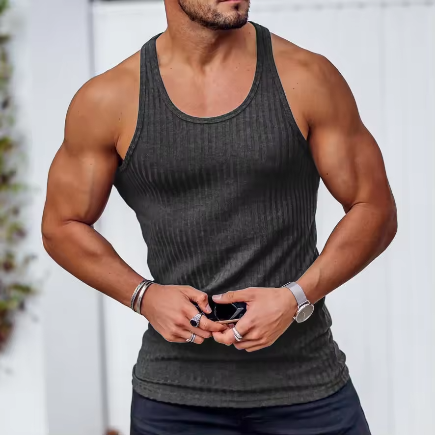 Summer Street High Quality Clothing Custom Fitness Four Collar Muscle Version Ribbed Vest Running Sweat Gym Men's Vest