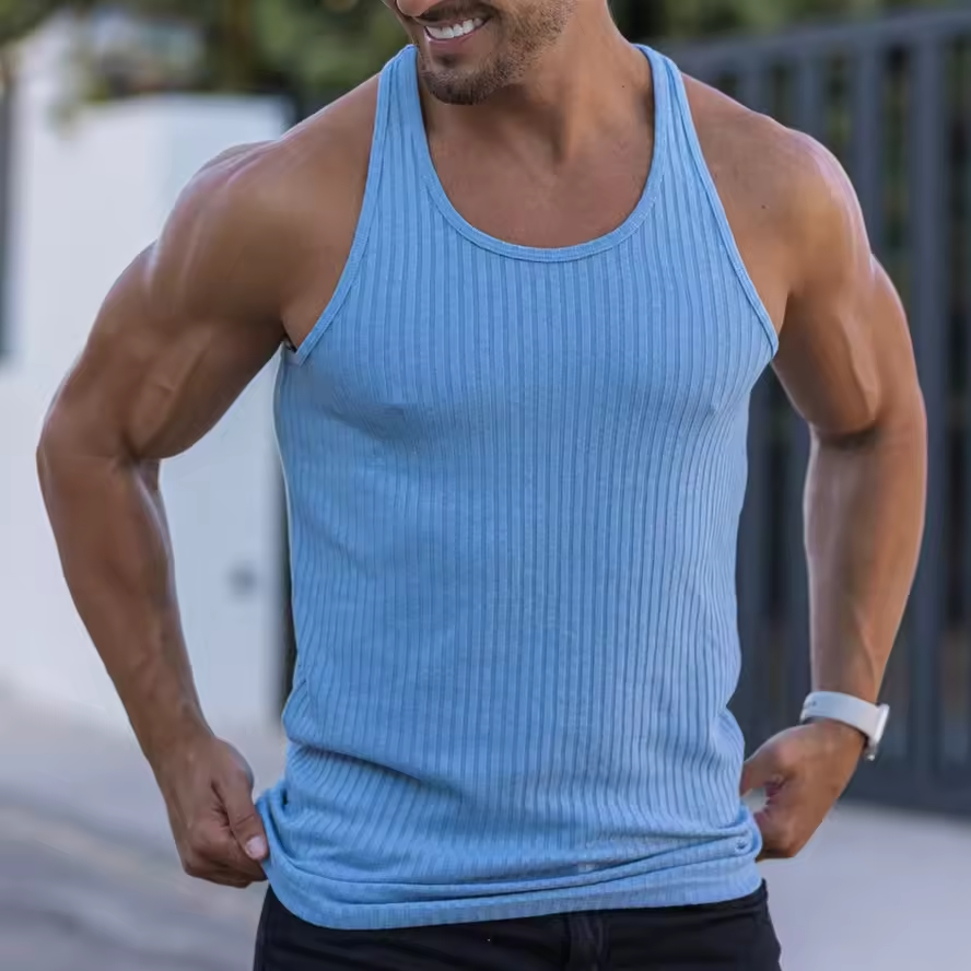 Summer Street High Quality Clothing Custom Fitness Four Collar Muscle Version Ribbed Vest Running Sweat Gym Men's Vest