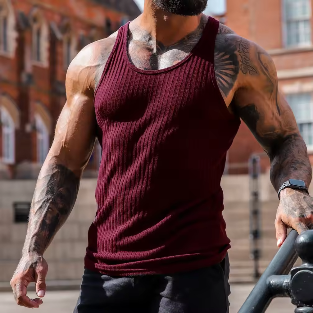 Summer Street High Quality Clothing Custom Fitness Four Collar Muscle Version Ribbed Vest Running Sweat Gym Men's Vest