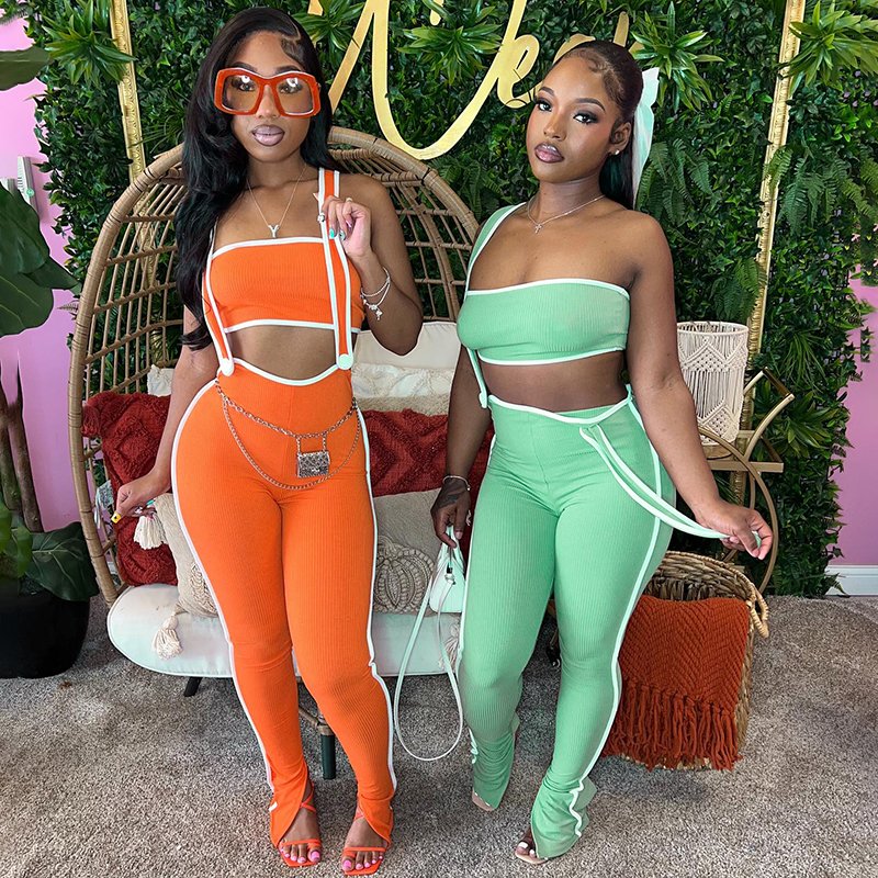 Bomblook K24ST165 Ribbed Women's sets Athletic Wear Patchwork Streetwear Jumpsuit With Tube Top 2 Piece Tweed Set Women Summer