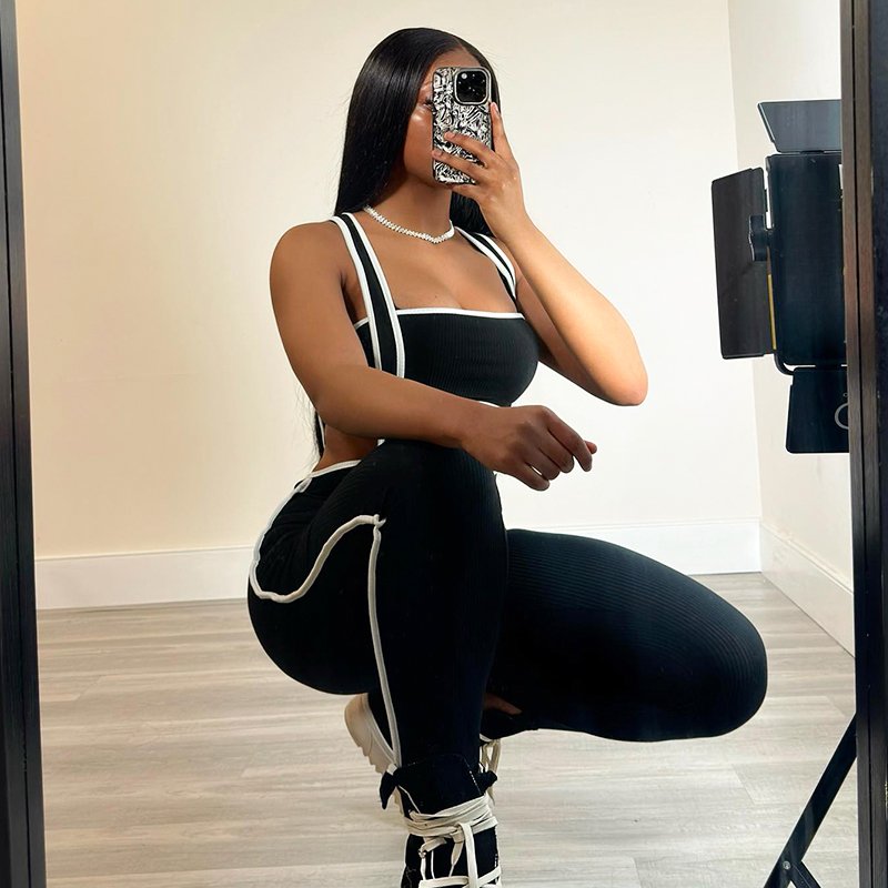 Bomblook K24ST165 Ribbed Women's sets Athletic Wear Patchwork Streetwear Jumpsuit With Tube Top 2 Piece Tweed Set Women Summer