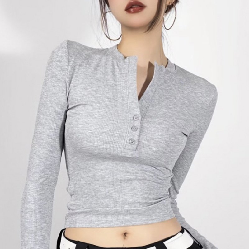 American Spice Girls Straight Shoulder Hundred Casual Tight Slim Multi Button Pullover Bottom Long Sleeve T-Shirt