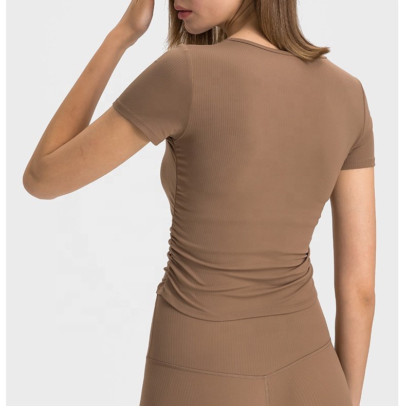 MASSGARMENT Custom women's ribbed gym yoga t shirt quick dry breathable high elastic slim fit top tee