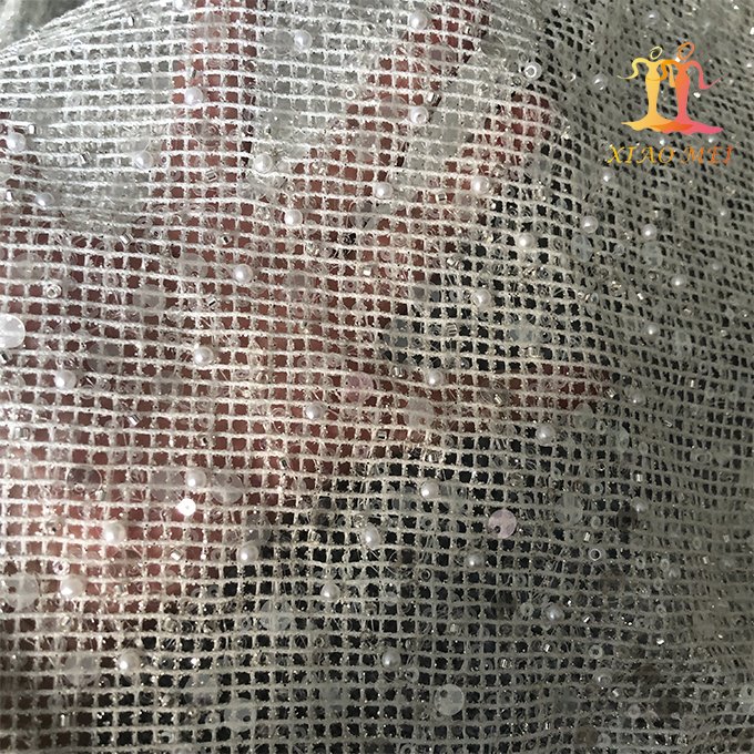 New style 100% polyester shiny glitter luxury beaded & sequined square grid lace fabric XM-BF0745
