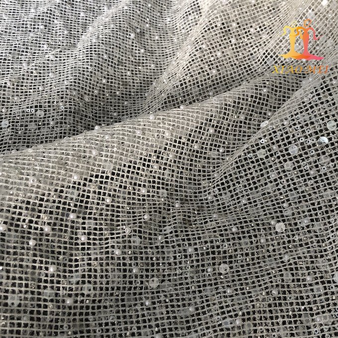 New style 100% polyester shiny glitter luxury beaded & sequined square grid lace fabric XM-BF0745