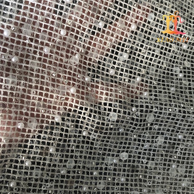 New style 100% polyester shiny glitter luxury beaded & sequined square grid lace fabric XM-BF0745