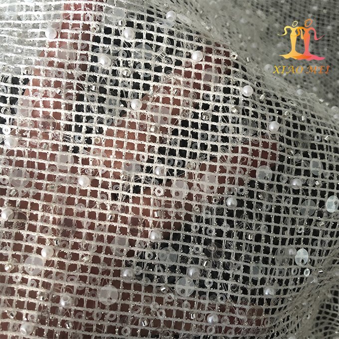 New style 100% polyester shiny glitter luxury beaded & sequined square grid lace fabric XM-BF0745