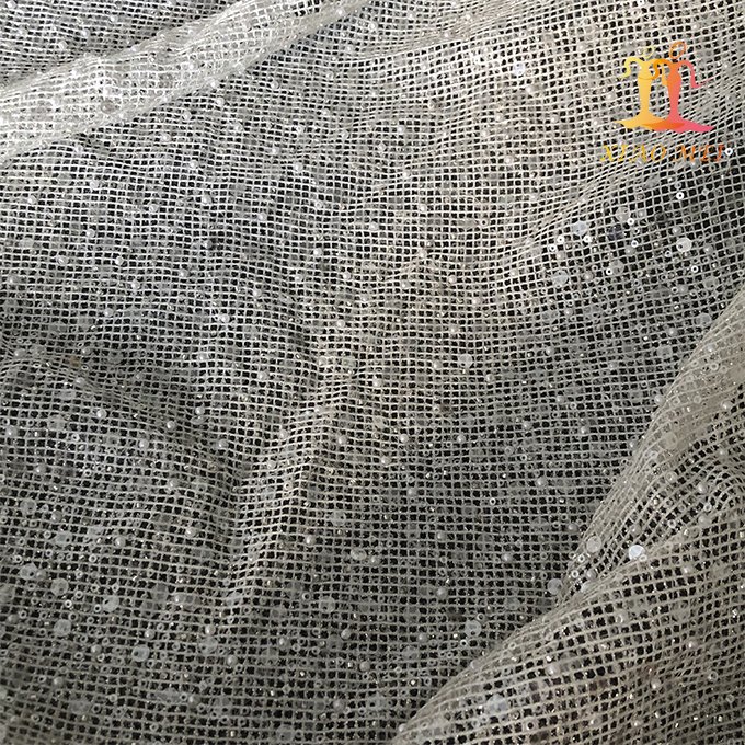 New style 100% polyester shiny glitter luxury beaded & sequined square grid lace fabric XM-BF0745