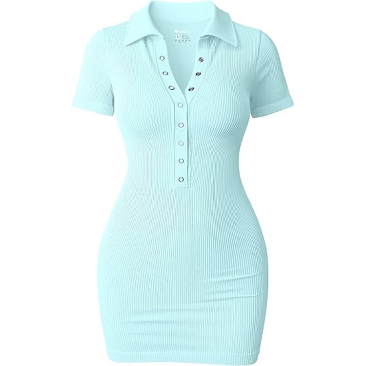 Women's Mini Dresses Sexy Short Sleeve Stretch Ribbed Tummy Control Bodycon Mini Dress