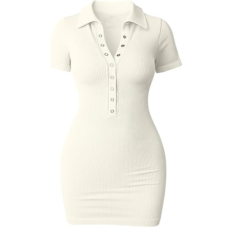 Women's Mini Dresses Sexy Short Sleeve Stretch Ribbed Tummy Control Bodycon Mini Dress
