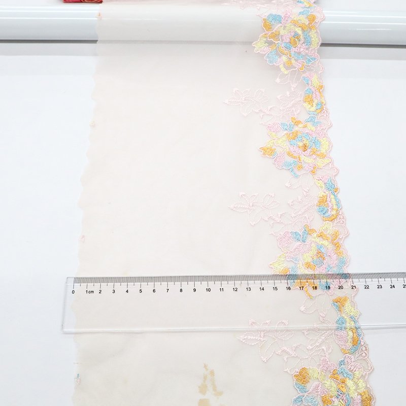 Beautiful gradient rainbow color 21cm lace embroidery for underwear tulle mesh