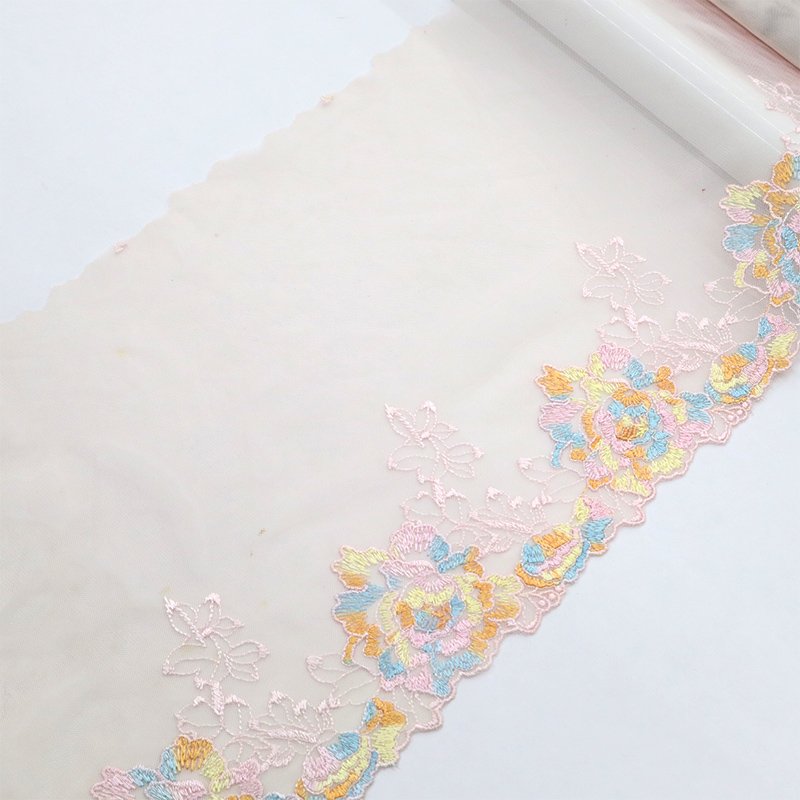 Beautiful gradient rainbow color 21cm lace embroidery for underwear tulle mesh