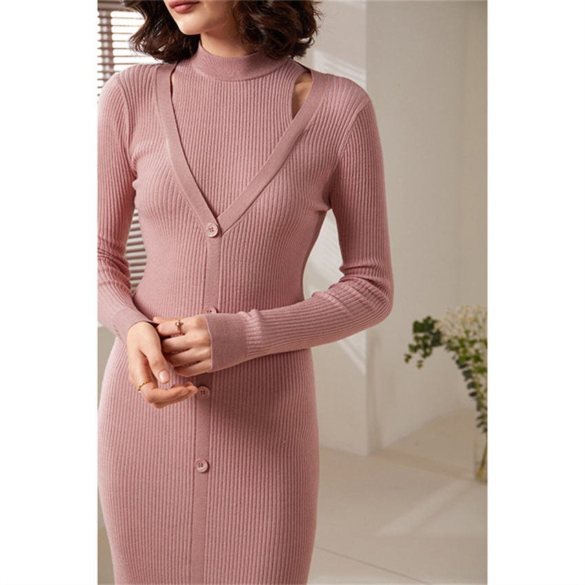 High Quality Slim Long Sleeve Fashion Elegant Ribbed Knitted Women Dress