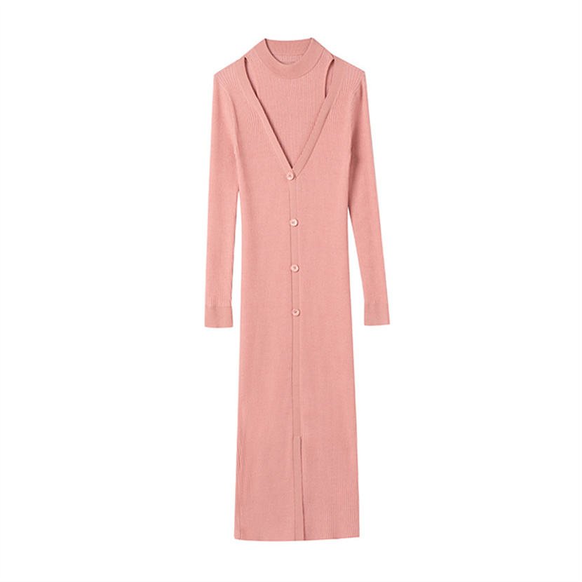 High Quality Slim Long Sleeve Fashion Elegant Ribbed Knitted Women Dress