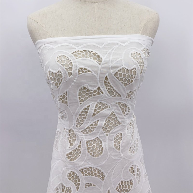 Competitive Price Luxury White Embroidery Chemical Laser-cut Leaf Embroidered Bridal Lace Cotton Voile for Wedding Dress