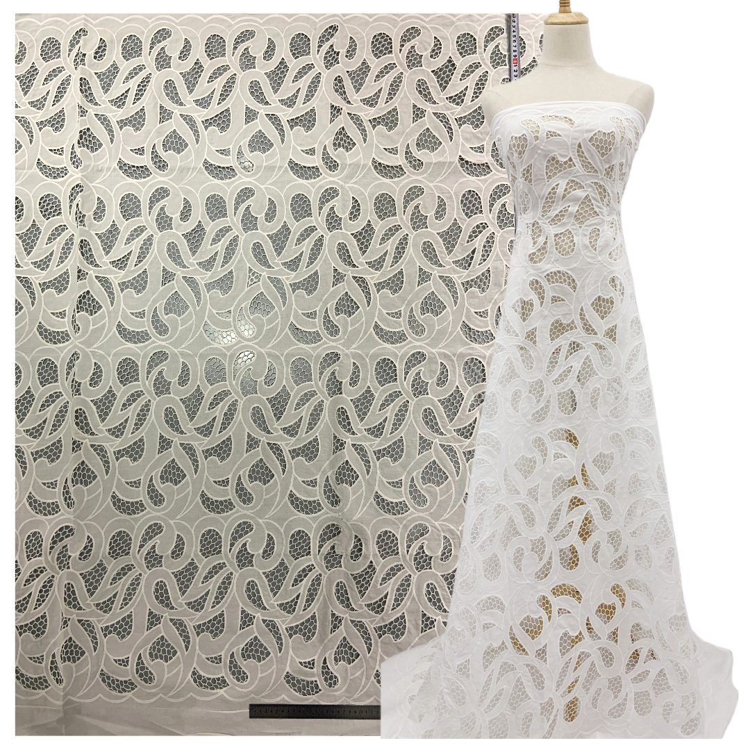 Competitive Price Luxury White Embroidery Chemical Laser-cut Leaf Embroidered Bridal Lace Cotton Voile for Wedding Dress