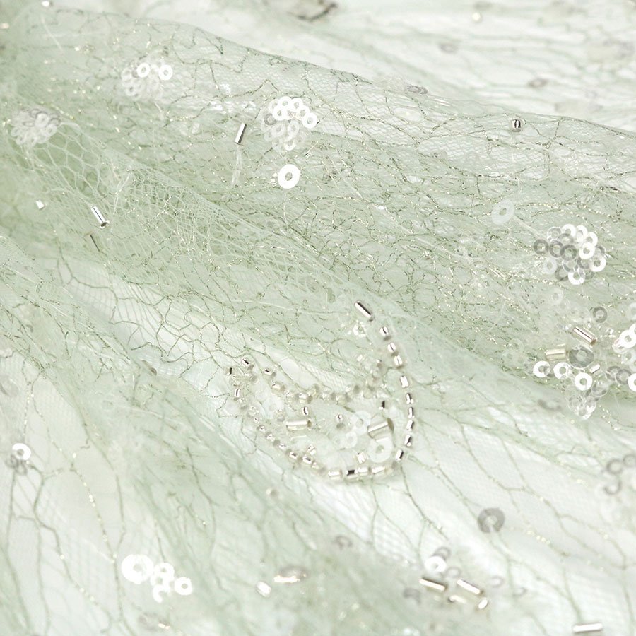 Spring and Summer Mint 3mm 5mm Crystal Sequin Bead Embroidery Metallic Lace Fabric for Party Wedding Dresses