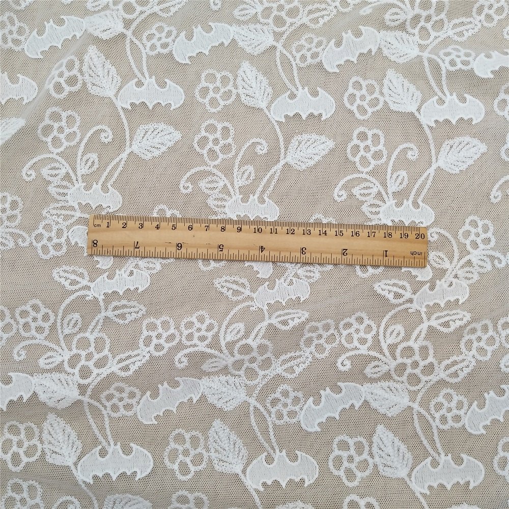 Embroidery Lace Fabric White Garment Bat Animal Pattern Mesh Fabric with Water Soluble Flowers Popular Nylon for Women Dress