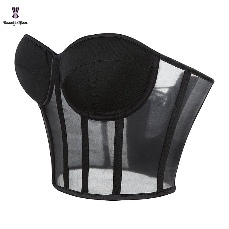 Summer Transparent Sexy Lingerie Padded Bra Shapewear Lace Up Boned Corset Translucent Mesh Bra Bustier Cropped Top With TString