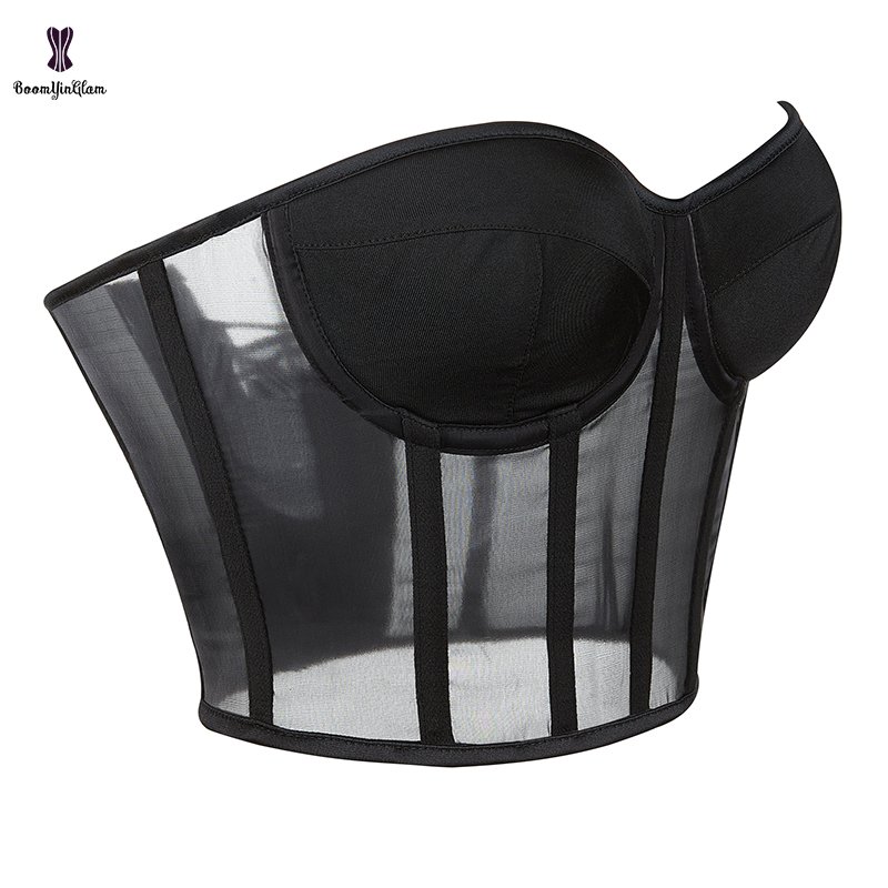 Summer Transparent Sexy Lingerie Padded Bra Shapewear Lace Up Boned Corset Translucent Mesh Bra Bustier Cropped Top With TString