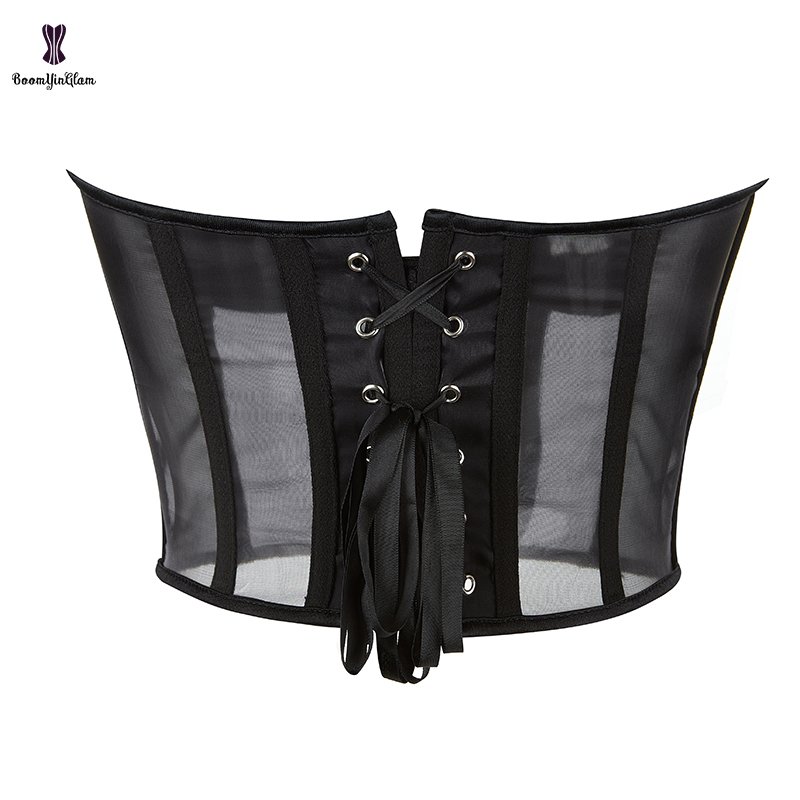 Summer Transparent Sexy Lingerie Padded Bra Shapewear Lace Up Boned Corset Translucent Mesh Bra Bustier Cropped Top With TString