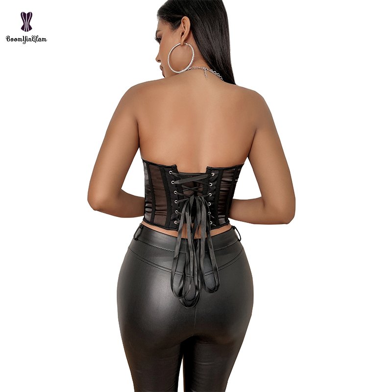 Summer Transparent Sexy Lingerie Padded Bra Shapewear Lace Up Boned Corset Translucent Mesh Bra Bustier Cropped Top With TString