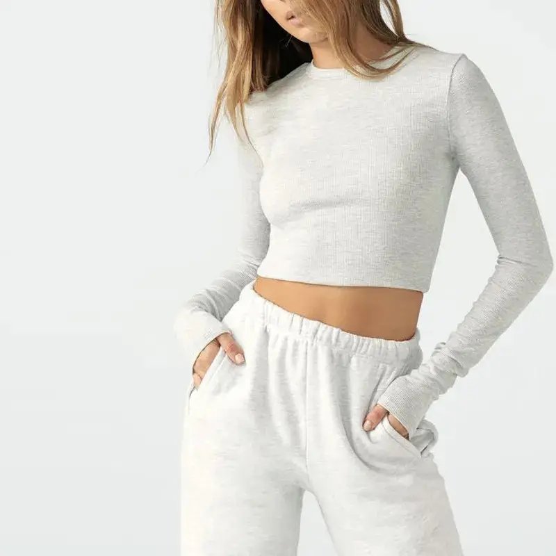 Women's Basic Color Long Sleeve Crop Top T-shirts Ribbed 100% Cotton Comfortable Casual T-shirts