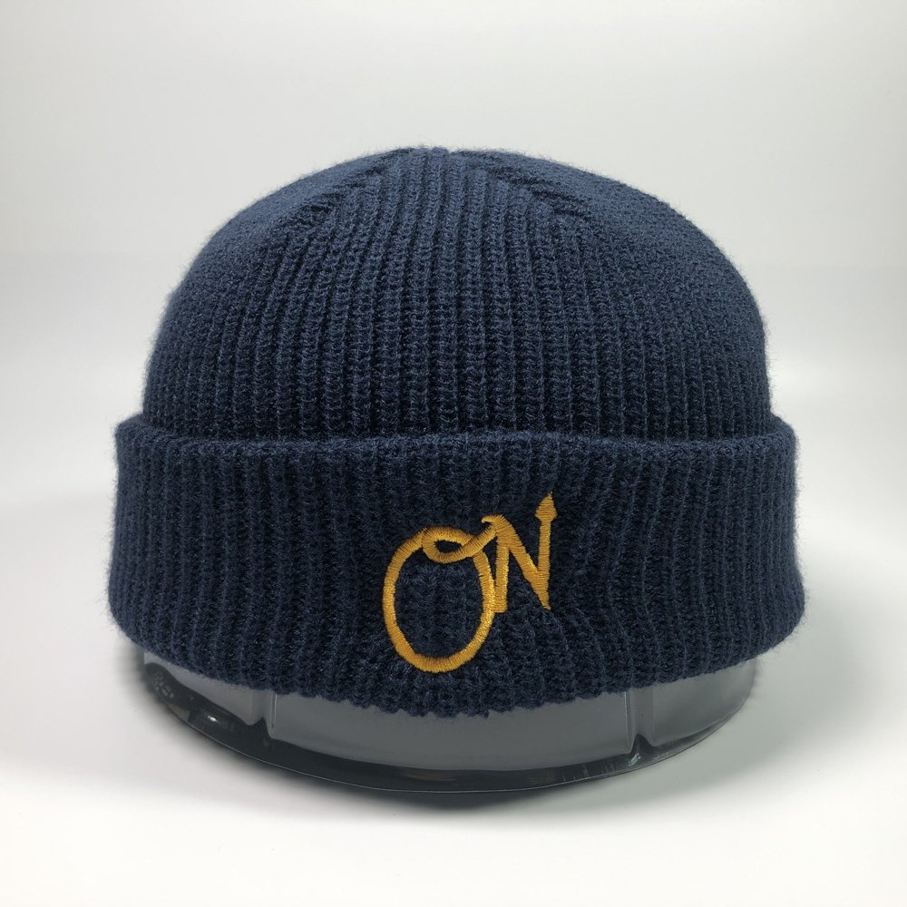 Unisex fashion navy embroidered ribbed knitted cuff caps Dark blue beanie hats custom logo Acrylic short fisherman beanie cap