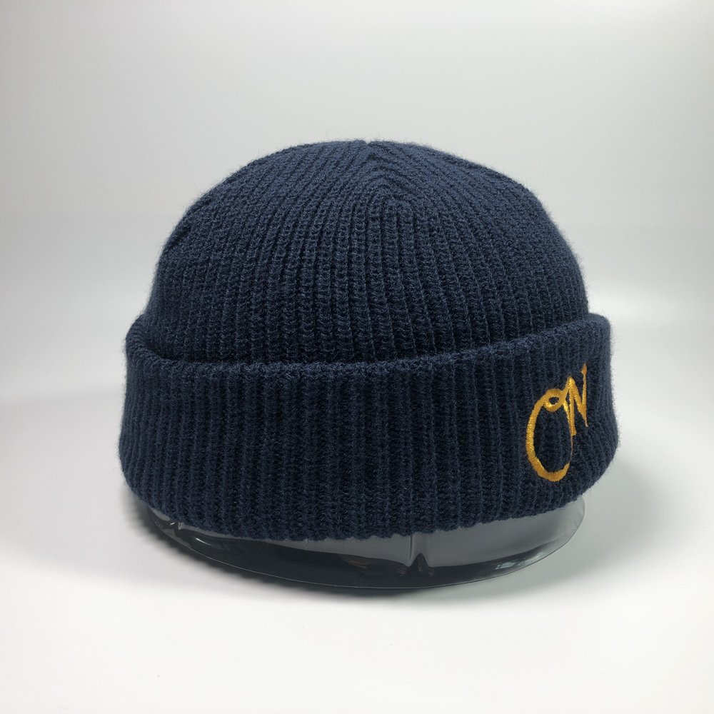 Unisex fashion navy embroidered ribbed knitted cuff caps Dark blue beanie hats custom logo Acrylic short fisherman beanie cap