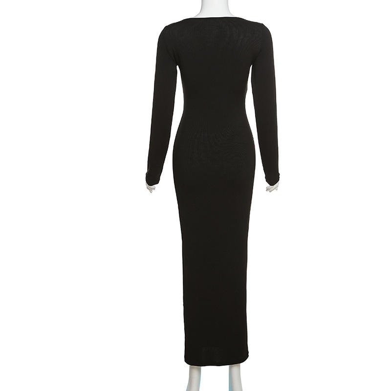 Women Solid color elegant party dresses sexy club dresses long sleeve maxi ribbed bodycon dress