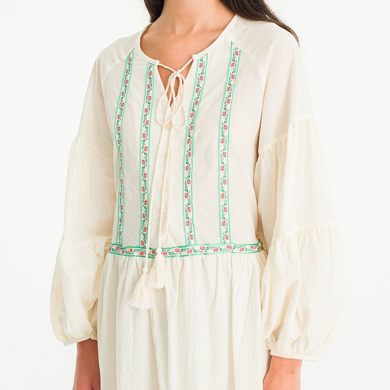 Garment Manufacturing Factory Haute Couture Floral Embroidery Long Sleeve Pure Linen Button Vintage Women's Dress