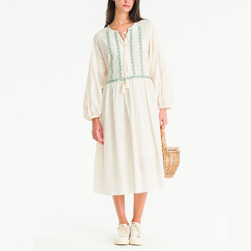 Garment Manufacturing Factory Haute Couture Floral Embroidery Long Sleeve Pure Linen Button Vintage Women's Dress