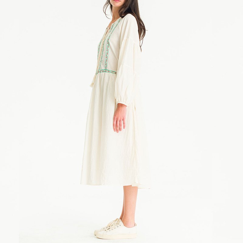 Garment Manufacturing Factory Haute Couture Floral Embroidery Long Sleeve Pure Linen Button Vintage Women's Dress