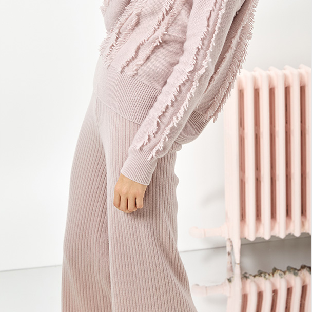 Ladies wide leg pants slouchy women knitted trousers cashmere ribbed pants