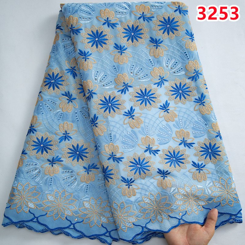 African Cotton Embroidery Dry Lace 2023 High Quality Swiss Voile Lace with Stones for Women Wedding Party Dresses 3253