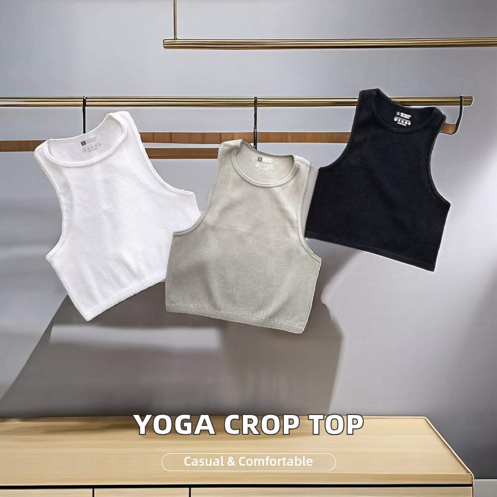 2024 Women's Casual Sports Yoga Crop Top Slim Fit Ribbed Knit Tank with Stretch Sleeveless Vest Custom Logo Solid Color