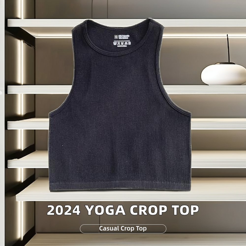 2024 Women's Casual Sports Yoga Crop Top Slim Fit Ribbed Knit Tank with Stretch Sleeveless Vest Custom Logo Solid Color