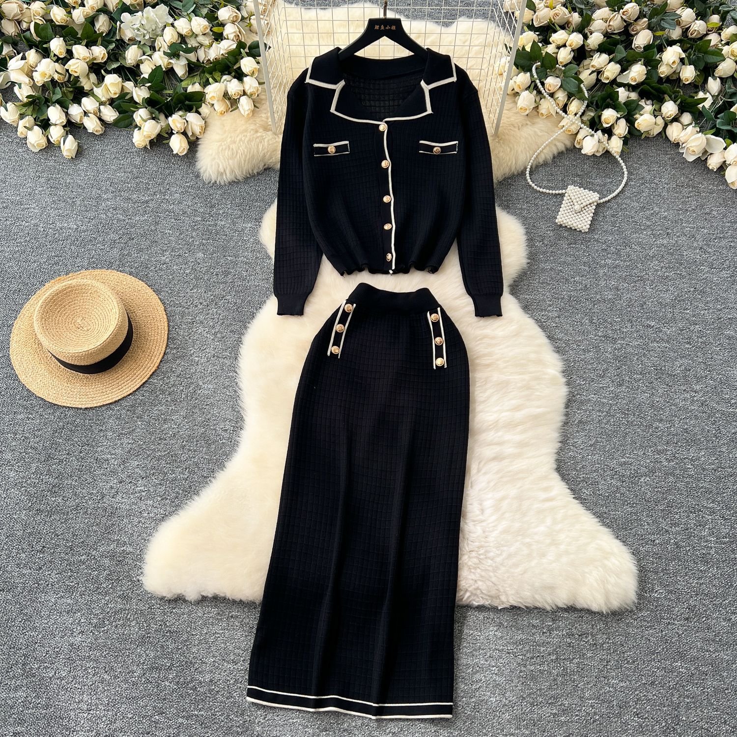 2024 Vintage Summer Dress High Quality Cotton Knitted Ribbed Breathable Long Sleeve Mini Stylish Crepe Simple Two-Piece ODM