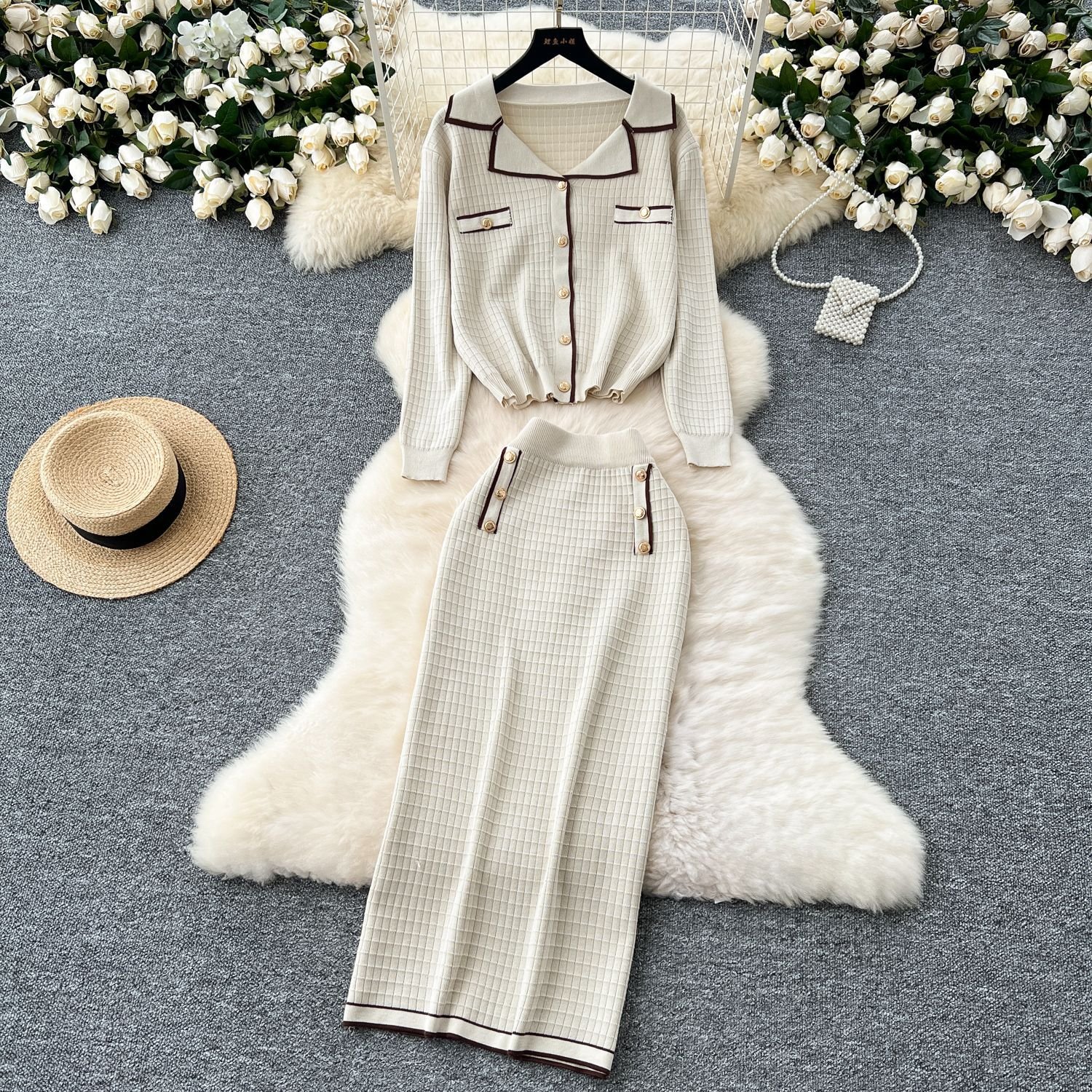2024 Vintage Summer Dress High Quality Cotton Knitted Ribbed Breathable Long Sleeve Mini Stylish Crepe Simple Two-Piece ODM