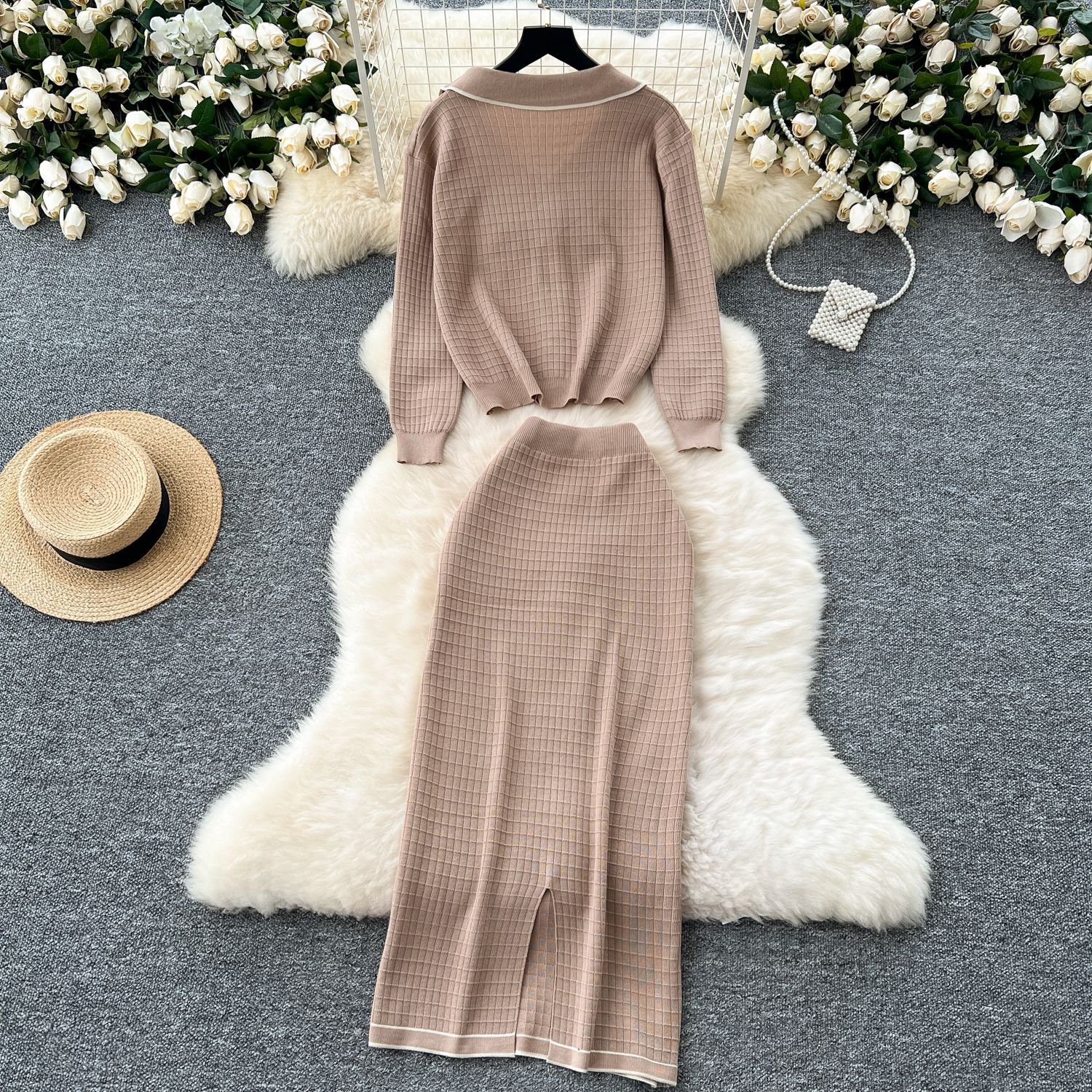 2024 Vintage Summer Dress High Quality Cotton Knitted Ribbed Breathable Long Sleeve Mini Stylish Crepe Simple Two-Piece ODM