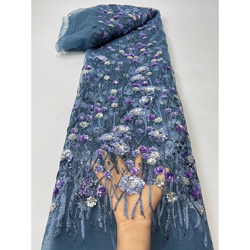 Width 125 cm skin sparkly flowers sequins Embroidery beads Mesh Nigerian Fabric heavy tulle Lace Fabric for wedding Dress