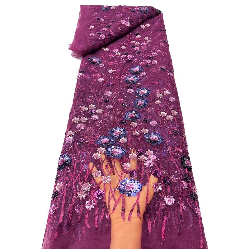 Width 125 cm skin sparkly flowers sequins Embroidery beads Mesh Nigerian Fabric heavy tulle Lace Fabric for wedding Dress