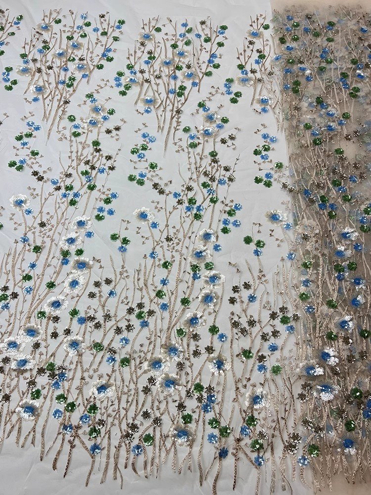 Width 125 cm skin sparkly flowers sequins Embroidery beads Mesh Nigerian Fabric heavy tulle Lace Fabric for wedding Dress