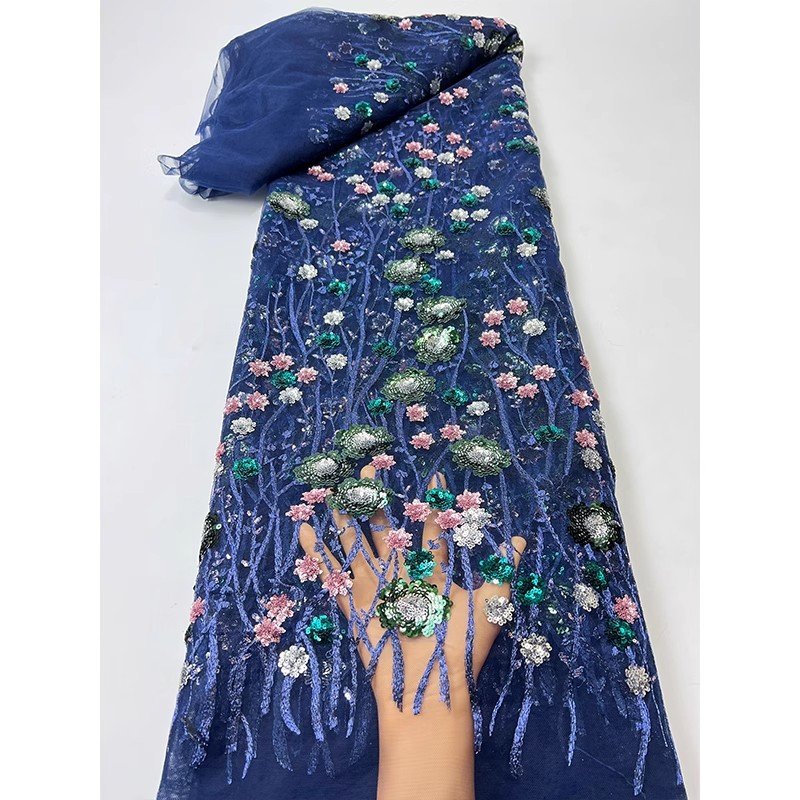 Width 125 cm skin sparkly flowers sequins Embroidery beads Mesh Nigerian Fabric heavy tulle Lace Fabric for wedding Dress