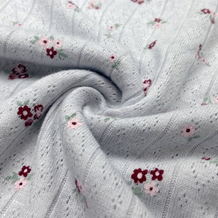 Wholesale rayon polyester nylon ribbed custom floral pigment printed 200GSM knit heart jacquard rib fabric