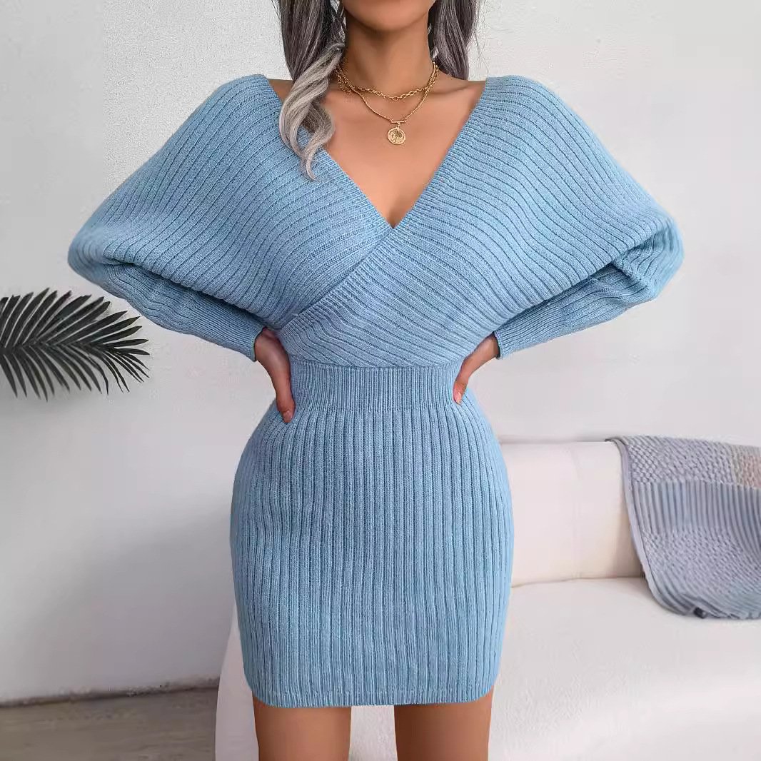 2022 High Quality Casual Women Fall Sexy Neck Knit Long Sleeve Solid Ribbed Bodycon Midi Dress