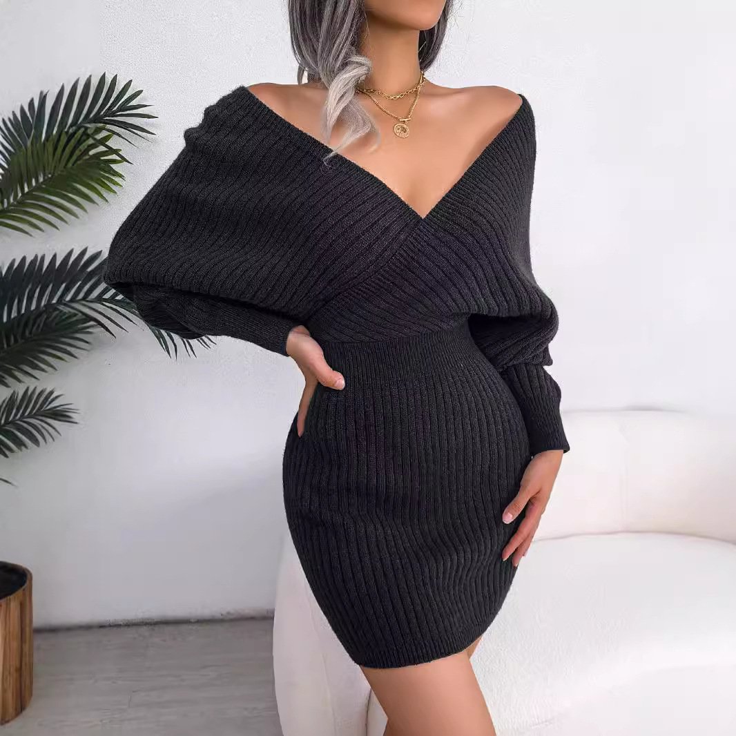 2022 High Quality Casual Women Fall Sexy Neck Knit Long Sleeve Solid Ribbed Bodycon Midi Dress